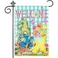 JOOCAR Garden Flags Blue and White Checkered Spring Flowers Gnome Watering Wellies Welcome Butterflies 12x18 Inch Reversible Garden Flags for Outdoor Garden Festival Yard Decoration