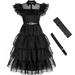 KAWELL Wednesday Addams Costume Dress for Girls Wednesday Cosplay Costume Halloween Outfit for 5-12 Years