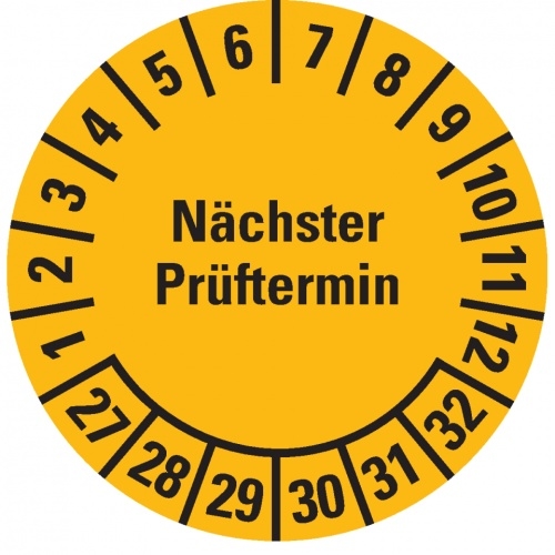 Dreifke® Prüfplakette Nächster Prüftermin 27-32, gelb, Dokumentenfolie, Ø 25mm, 105/Heft Image
