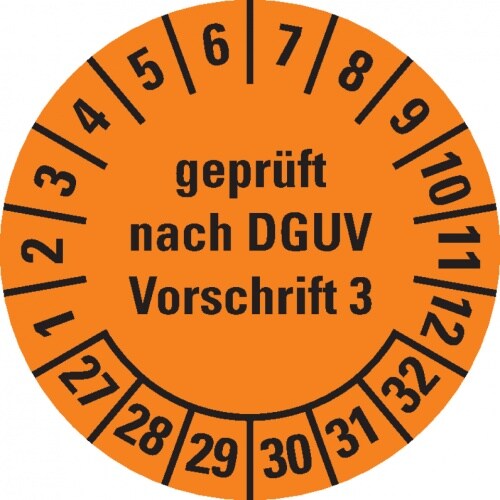 Dreifke® Prüfplakette gepr.n.DGUV Vorschrift 3 27-32,orange,Dokumentenfolie,Ø15mm,60 St/Bogen Image