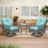 Luccalily 3 Pieces Patio Bistro Wicker Swivel Rocker Chairs Set 2 Chairs with Thick Soft Cushion 1 Tempered Glass Side Table for Outdoor
