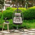 Egg Swing Chair with Stand Hanging Egg Chair Hammock Chair Rattan Wicker Patio Hanging Basket Chair with Aluminum Frame and UV Resistant Cushion for Indoor Bedroom Balcony Patio Garden Grey