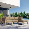 Modway Clearwater Outdoor Patio Teak Wood 4-Piece Sectional Sofa in Gray Light Brown
