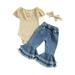 Infant Baby Girl Bell Bottoms Outfit Sleeveless Lace Ribbed Romper Denim Flared Pants Set 3Pcs Toddler Summer Clothes