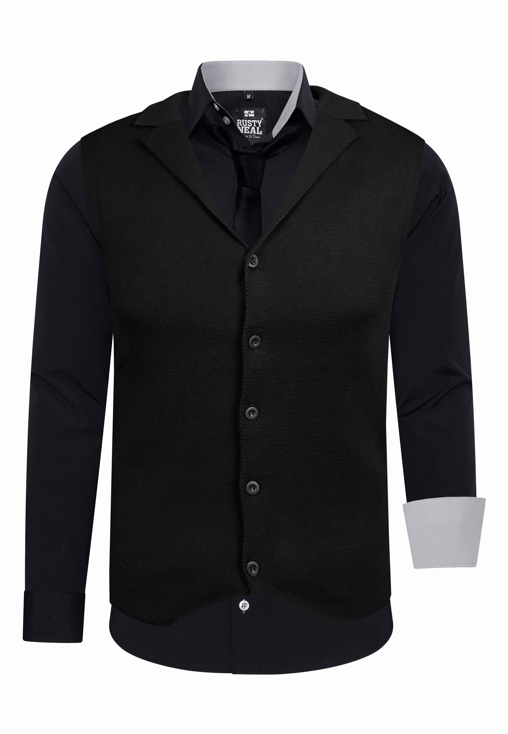 Langarmhemd RUSTY NEAL, Herren, Gr. 4XL, EURO-Größen, schwarz (schwarz, grau), 60% Baumwolle, 37% Polyester, 3% Elasthan, mehrfarbig, ohne Ausschnitt, Hemden, bestehend aus Hemd, Weste und Krawatte