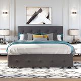 Queen Size Upholstered Platform Bed with Twin XL Trundle Bed, Linen Button Tufted Headboard and 2 Drawers