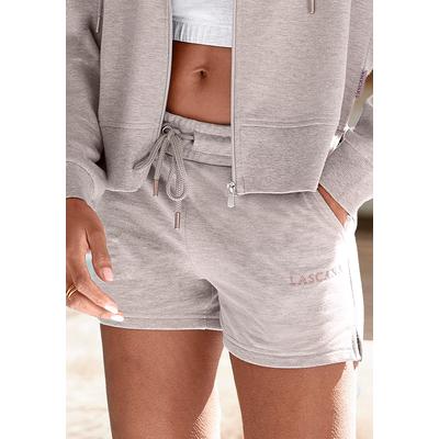 Sweatshorts LASCANA, Damen, Gr. 44/46, N-Gr, braun (hellbraun), Sweatware, Obermaterial: 50% Baumwolle, 50% Polyester, bedruckt, casual, Hosen, mit Logostickerei, Loungeanzug Image