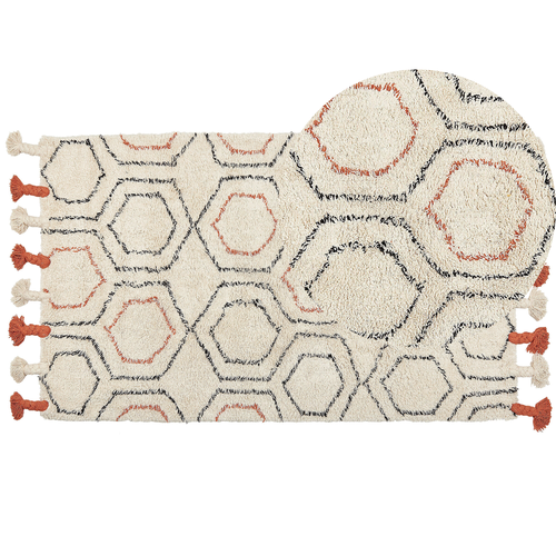 Teppich Beige Baumwolle 80 x 230 cm Rechteckig Läufer Geometrisches Muster mit Quasten Boho Fußbodenheizug Geeignet Wohnzimmer Schlafzimmer