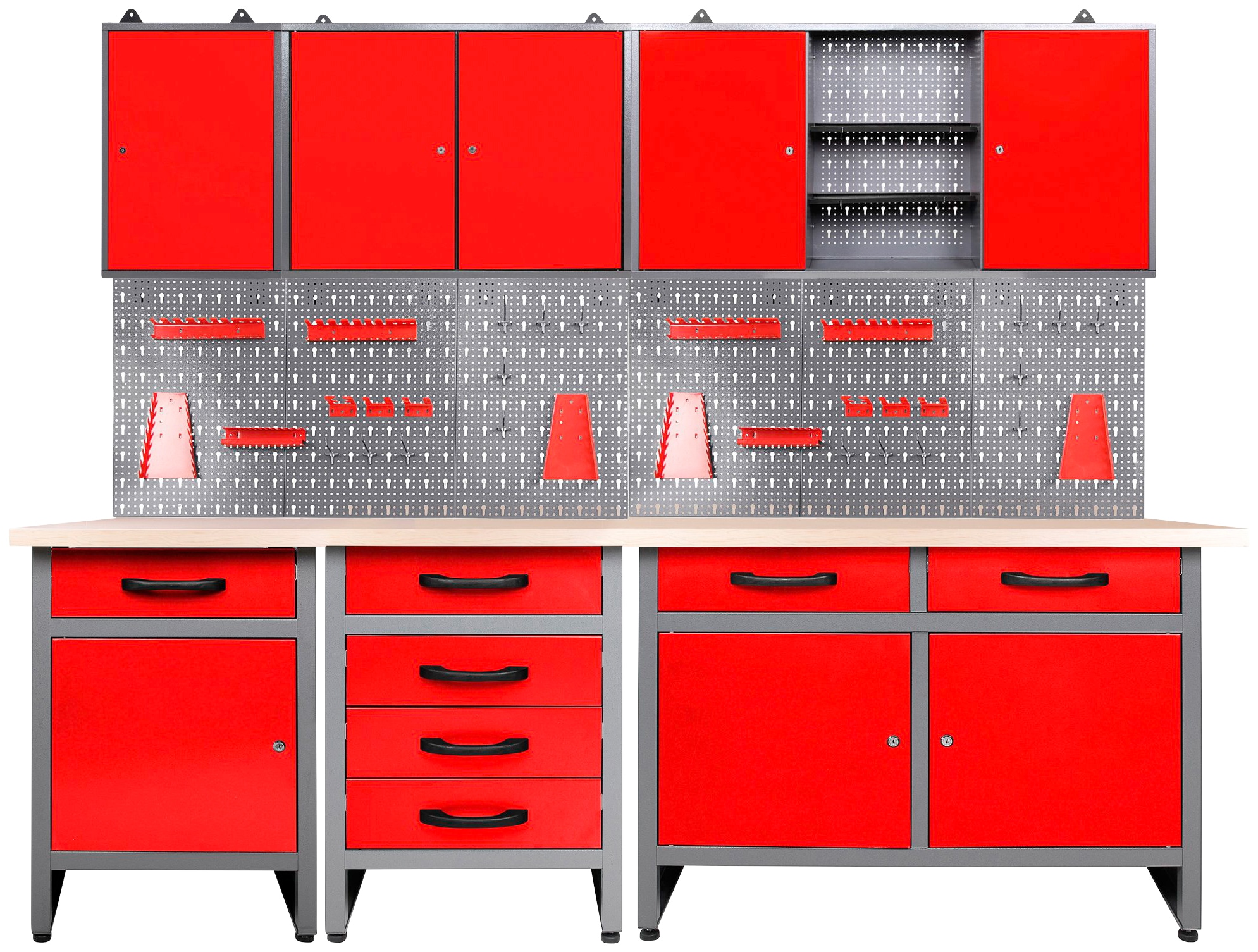 Werkstatt-Set ONDIS24 "Bastler", rot (rot, grau), B:240cm H:205cm T:60cm, Metall, Werkbänke, höhenverstellbar, inkl. Hakenset