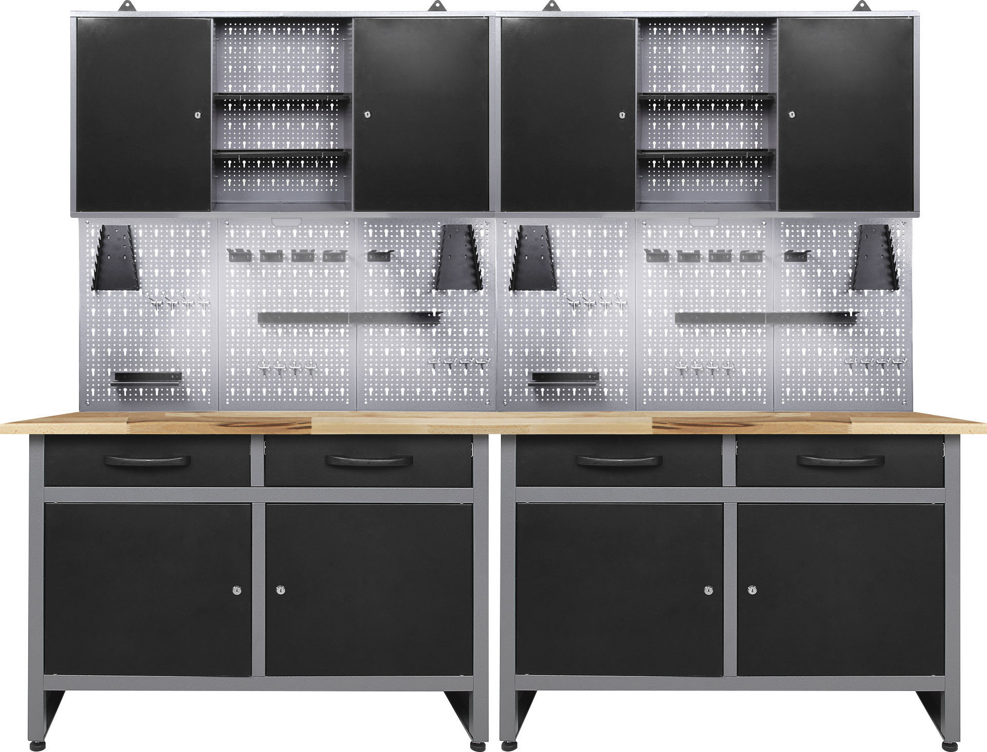 Werkstatt-Set ONDIS24 "Werner", schwarz, B:240cm H:205cm, Massivholz, Metall, Werkbänke, 240 cm, mit LED