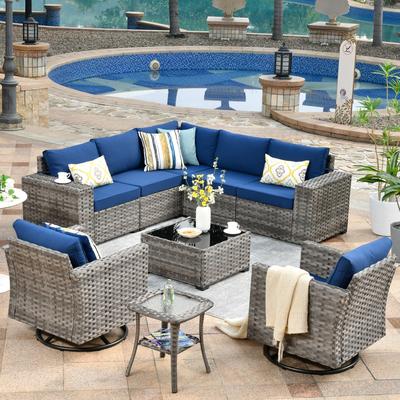 OVIOS 9-piece Patio Wicker Swivel Rocking Chair Set with Glass-Top Tables