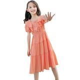 Eashery 5T Dresses For Girls Girls 100% Cotton Long Sleeve Dress - Active Kids School Playing Parties - Made in USA Orange 3-4 Years