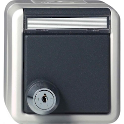 Gira Steckdose, 1f, grau, Aufputz, Steckdose CEE 7/3 (Typ F), mit Klappdeckel, IP44, Textfeld/Beschriftungsfläche, 456730 Image