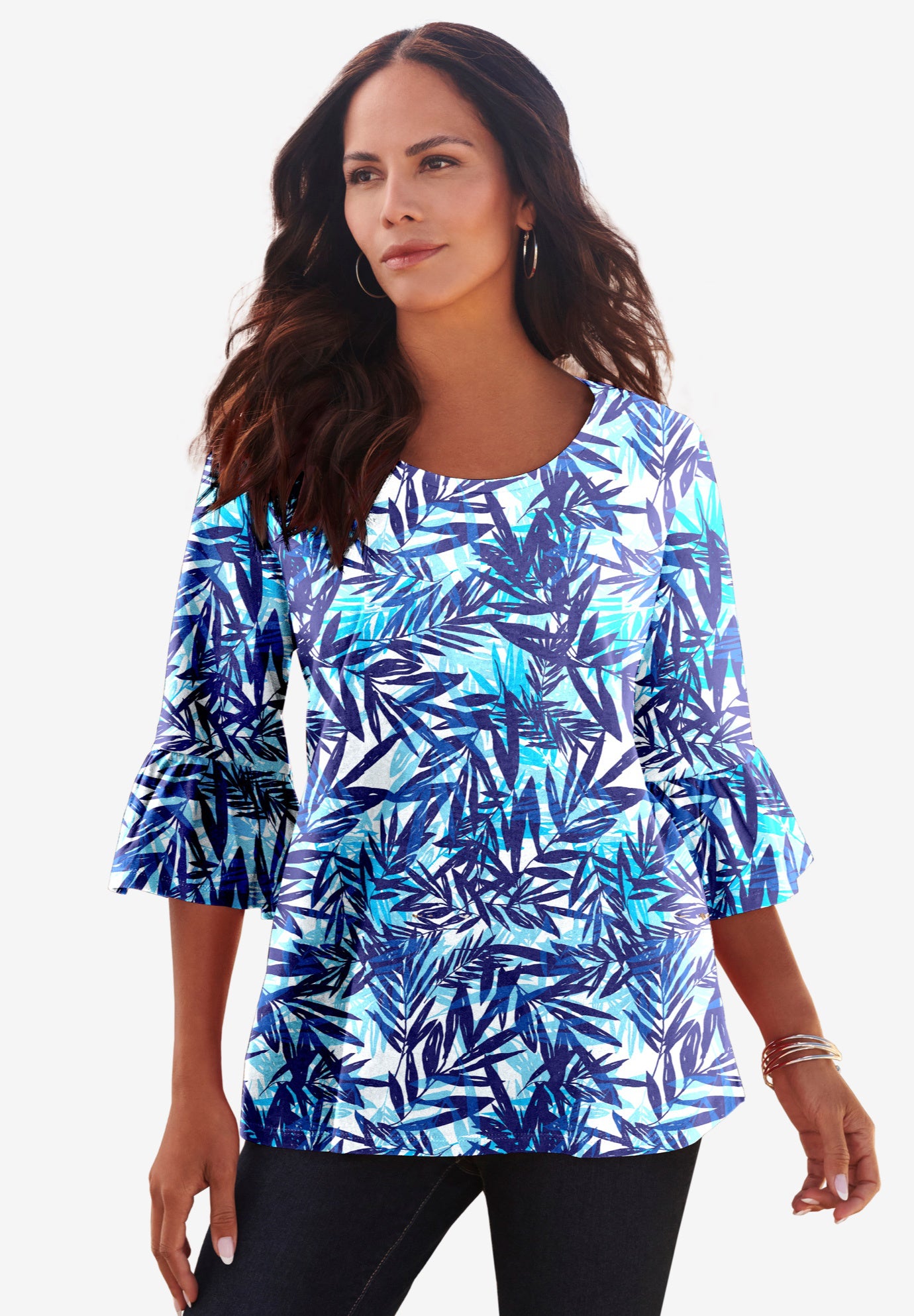 Plus Size Women's Plus Size Cotton Ultimate Bell Sleeve Tee by Roaman's in Ocean Tropical Leaves (Size 30/32) Shirt