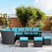 AECOJOY 7 Piece Patio Conversation Set Outdoor Sectional Sofa Rattan Wicker Dining Furniture Blue