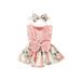 Infant Baby Girls Patchwork Jumpsuit Flower Print Lace Sleeveless Round Neck Front Bowknot Romper + Headband