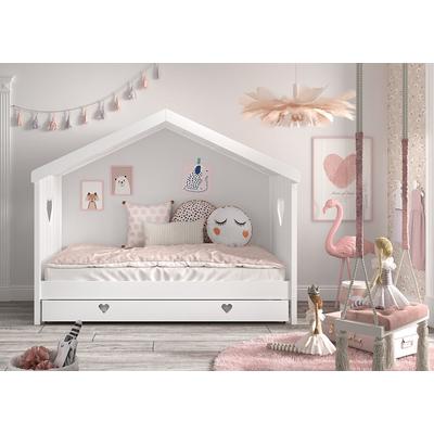 Hausbett VIPACK "Amori, inkl. Dach, Rückseitig offen, mit Rolllattenrost", weiß, B:98,7cm H:213cm L:209cm, Bettgestell Massivholz, Dachaufbau MDF, Betten, wahlweise, mit oder ohne Schublade und Absturzschutz, weiß lackiert