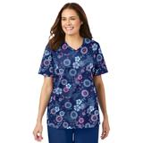 Plus Size Women's V-Neck Scrub Top by Comfort Choice in Evening Blue Floral (Size L)