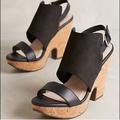 Anthropologie Shoes | Black Slingback Open Toe Leather Cork Wedge Sandal | Color: Black | Size: 8.5