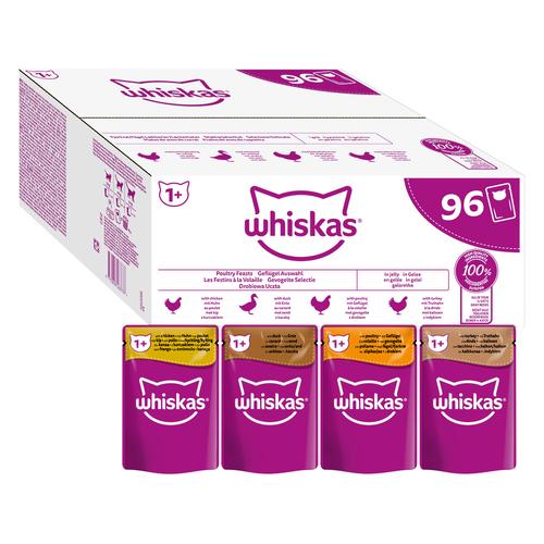 96x 85g Whiskas Frischebeutel Geflügelauswahl in Gelee Katzenfutter nass