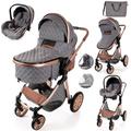 Baby Pram with Car Seat Lightweight Buggy Stroller Foldable Pushchair 3 in1 Travel System Newborn Toddlers (Grey - Rose Gold Frame)