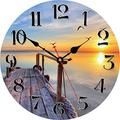 VIKMARI 14 Inch Silent Non-Ticking Wooden Round Wall Clock Big Arabic Numerals Wall Clocks Sunset by the Sea Beach Pattern Clock Battery Operated Home Decor Hanging Clocks