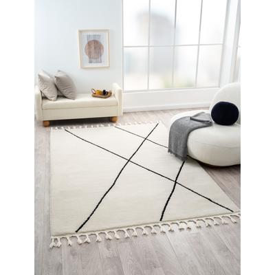 Hochflor-Teppich "Moroccan Signature", schwarz-weiß (weiß, schwarz), B:160cm H:24mm L:230cm, Polypropylen (PP), Polyester, MYFLAIR MÖBEL & ACCESSOIRES, Teppiche, Fransenteppich, modern, marokkanisches Design, Rauten Muster, weich, mit Fransen Image
