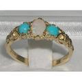 Solid 9K Yellow Gold Natural Opal & Turquoise Vintage Style Trilogy Promise Ring - Made in England Customize 9K, 14K, 18K