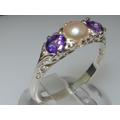 925 Sterling Silver Pearl & Amethyst Womens Trilogy Ring - Customizable Platinum, 9K, 10K, 14K, 18K Yellow, Rose Or White Gold