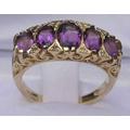 9K Yellow Gold Amethyst With Eight Diamonds Large Eternity Ring, Scroll Carving English Vintage Design Ring - Customizable