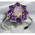 9K White Gold Natural Colourful Opal & Amethyst Engagement Ring, English Classic Design Cluster Flower Ring - Customize14K, 18K