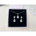 Wedding Jewellery Set - Crystal Cubic Zirconia Double Teardrop Drop Earrings Necklace Silver Bridal Bride