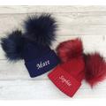 Personalised Baby/Toddler Double Pompom Knitted Hat, Navy Blue Or Red, Baby Girl Boy Hat