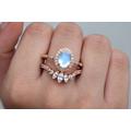 Natural Moonstone Engagement Ring Set, Wedding 14K Rose Gold Ring, Oval Bridal June