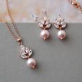 Rose Gold Pink Bridal Earrings Necklace & Earring Set Blush Pearl Boho Wedding Petite Jewelry