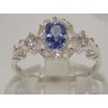 Solid 9K White Gold Natural Tanzanite & Cz Delicate Unique Victorian Pave Ring - Made in England Customizable