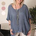 Linen Blouse , Top Shirt, Lagenlook Textured Tunic With Shell Buttons, Italian Linen, One Size