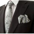 Handmade Satin Tie With Matching Pocket Square Wedding Best Man Groom Groomsmen Grey Silver White Paisley