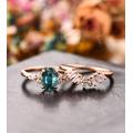 Natural Sapphire Ring Set//Women's Set Rose Gold//Antique 1.5Ct Oval Cut Teal Bridal Set//Sapphire Engagement