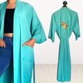 Vintage 70S Kimono Maxi Japanese Dressing Gown Embroidered Dragon Robe Full Length Bright Blue Size M L Xl