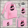 Personalised Name, Initial & Bow 9 Litre Backpack Water Bottle Lunch Bag Free Pencil Case Back To School Kids Mini Size