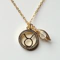 Taurus Gold Zodiac Necklace With Cubic Zirconia Pendant & Wire Wrapped Crystal Bead Dangle