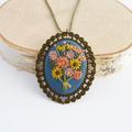 Blue Embroidered Daisy Bouquet Necklace, Light Sky Flower Necklace