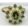 Solid 18K Yellow Gold Natural Green Tourmaline & Colorful Opal Cluster Flower Ring - Made in England Customizable