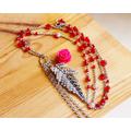 Reclaimed Extra Long Silver Leaf Red Rose Charm Chain Tassel Necklace Big Bold Chunky Beaded Bohemian Hippie Jewelry Gift For Women Mom Her