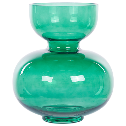 Blumenvase Grün Glas 27 cm Bauchig mit Schmalem Hals Modern Tischdeko Wohnaccessoires Deko Glasvase für Wohnzimmer Esstisch Flur