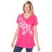 Plus Size Women's Short-Sleeve Foil Tunic by Woman Within in Raspberry Sorbet Foil Falling Roses (Size 1X)