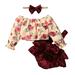 Qufokar Baby Girl Clothes 3-6 Months Girls Baby Clothes Kids Girls Soild Long Sleeves Flower Floral Prints Top Suspender Pants Hairband Clothes 3Pcs Outfits&Set