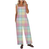 JWZUY Women s Casual Sleeveless Plaid Print Jumpsuit Long Cotton Linen Romper Tie Strappy Trousers Multicolor XXXL
