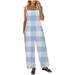 JWZUY Women s Plaid Print Jumpsuit Long Cotton Linen Romper Tie Strappy Trousers Casual Summer Pants Blue XXXL